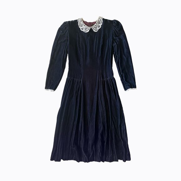 Perspective Dresses & Skirts - Vintage Navy Velvet Dress 6 Lace Collar Whimsigoth Goth Victorian Dark Romance